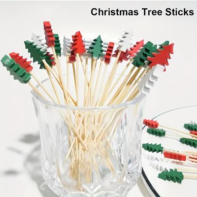 50/100pcs Bamboo Christmas Tree Cocktail Picks - Food Skewers for Holiday Appetizers, Fruit & Cheese Platters, Party Decor
