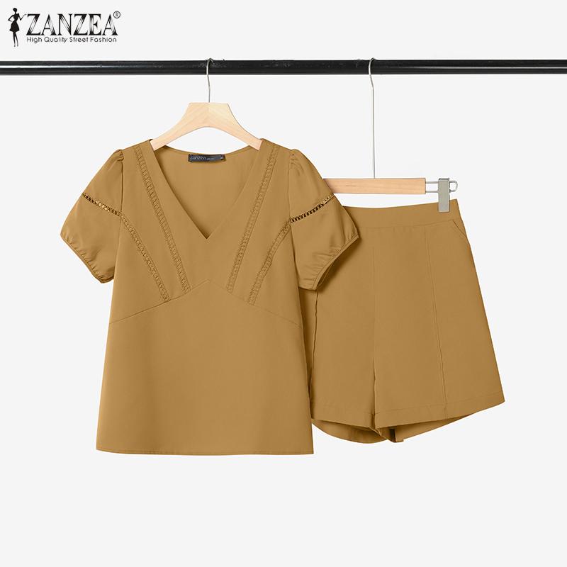 ZANZEA Damen Kurzarmbluse und Shorts Sommer Zweiteiliges Anzug-Set