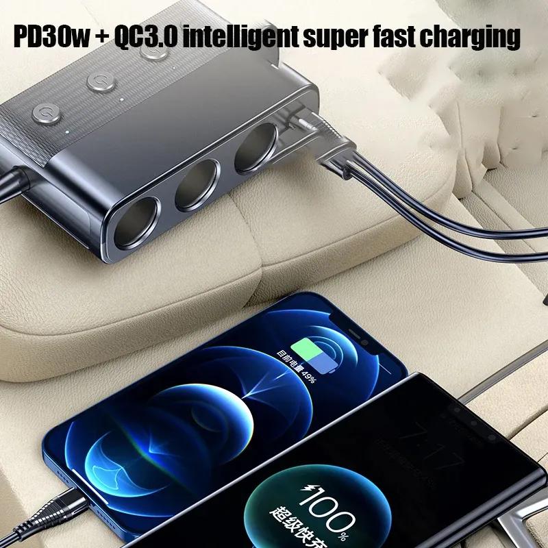 128W Car Charger Splitter Multi Ports PD30W QC3.0 Cigarette Lighter Adapter Car Cigarette Lighter Socket Splitter with Switch
