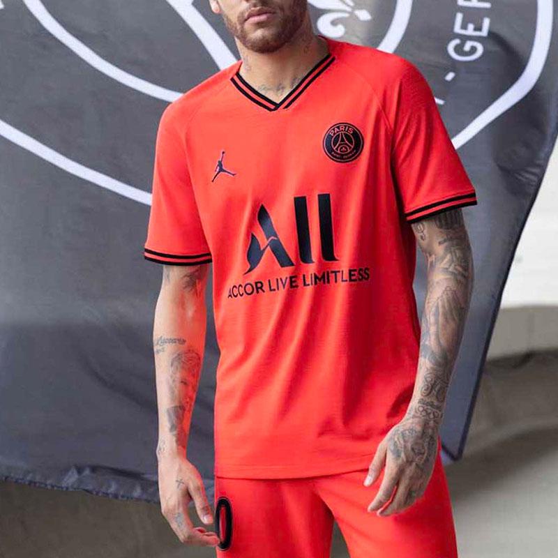 Jordan PSG Collaboration V-Neck Letter and Number Print Short Sleeve Soccer Jersey Fan Version 2019-20 Season Men Tops Orange DB2598-613
