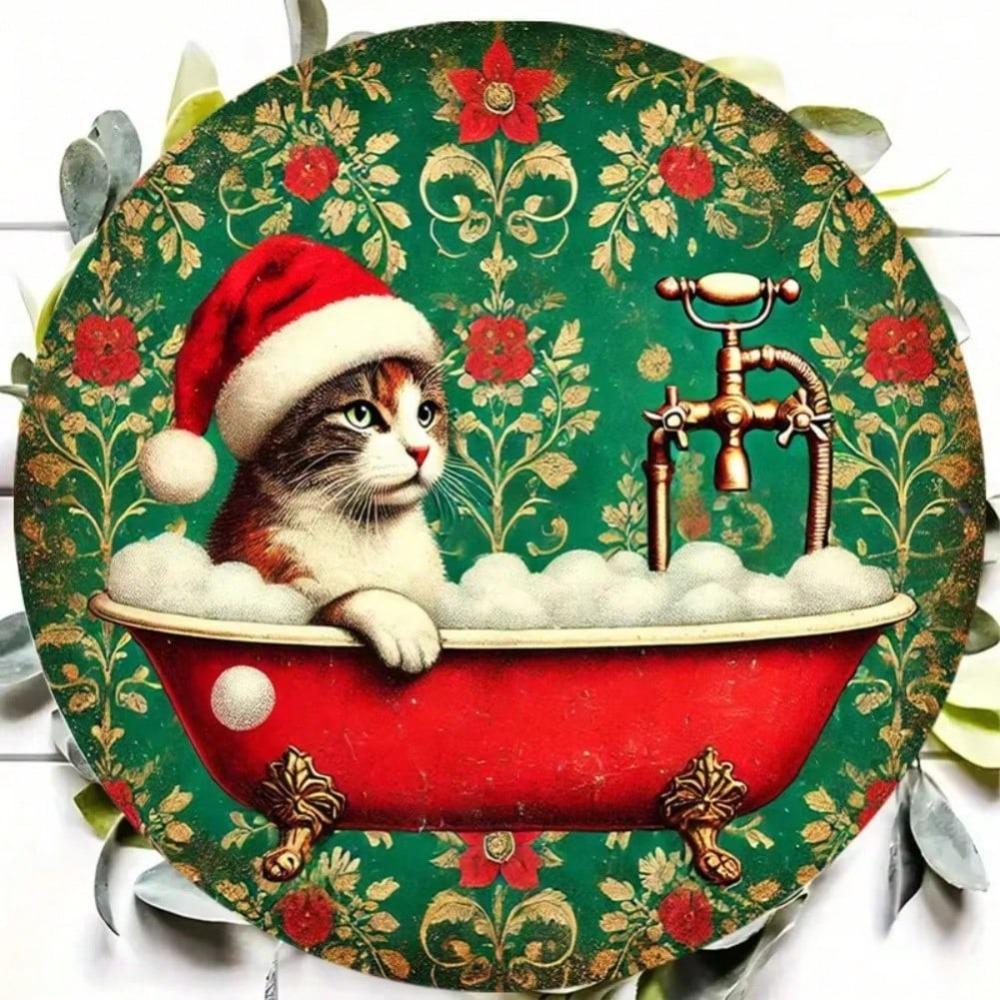 Vintage Christmas Cat Santa Hat Iron Tin Wall Art Metal Plaque Home Decor Gift