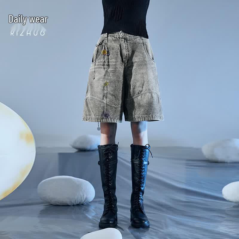 Rizhuo Galaxy Gray Loose Washed Denim Shorts M
