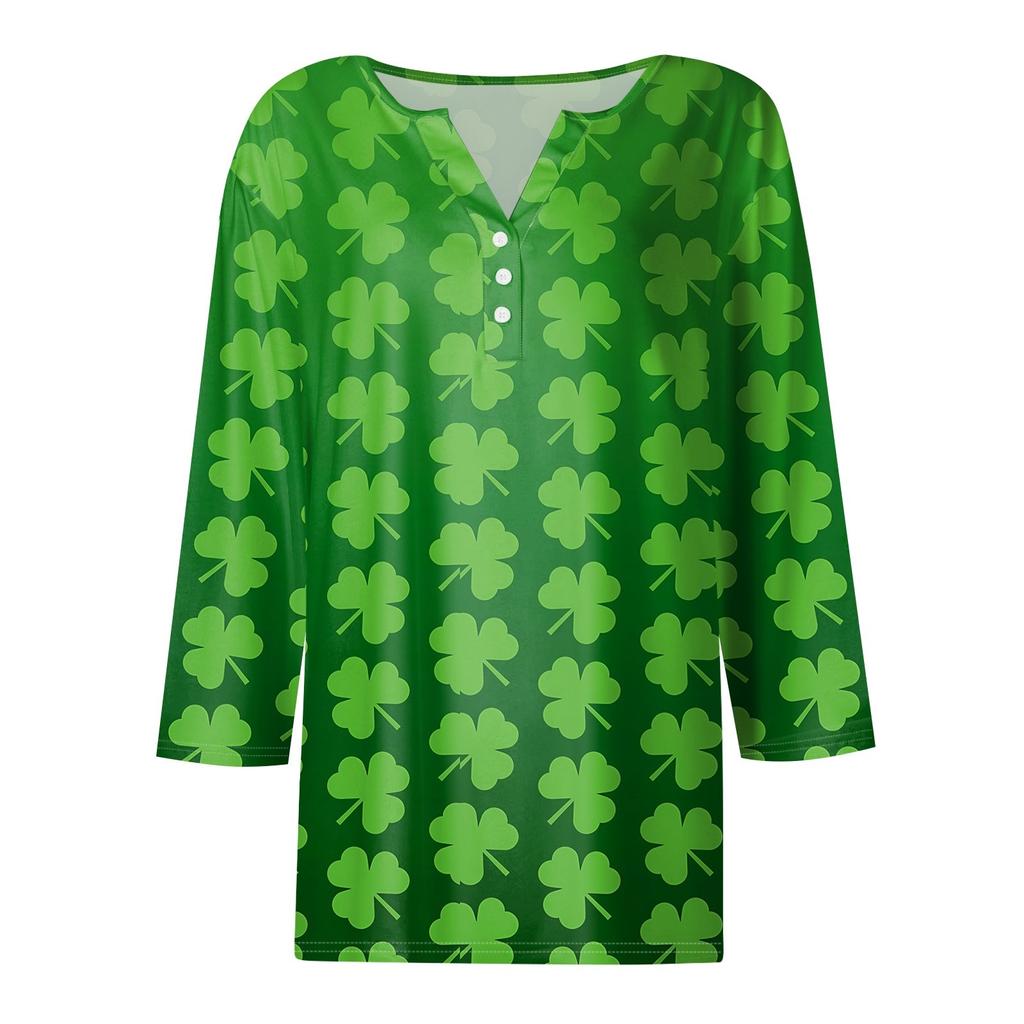 Damen T-Shirt mit Aufdruck „Saint Patrick's Day“ und Knopfleiste, 3/4-Ärmel, für den Alltag und das Wochenende, modisch, Basic, V-Ausschnitt, normales Oberteil