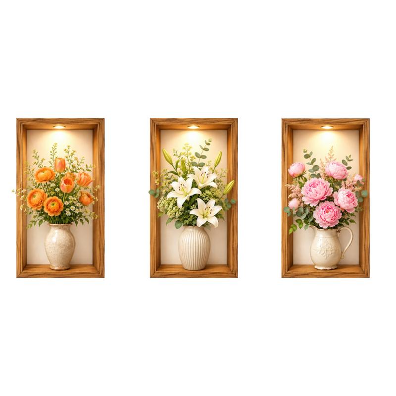 3 Pezzi Piante Verdi Adesivo Murale Piante in Vaso Pittura Simulazione Per Soggiorno Decorazione Casa Parete di Sfondo Arte Adesivi Rimovibili