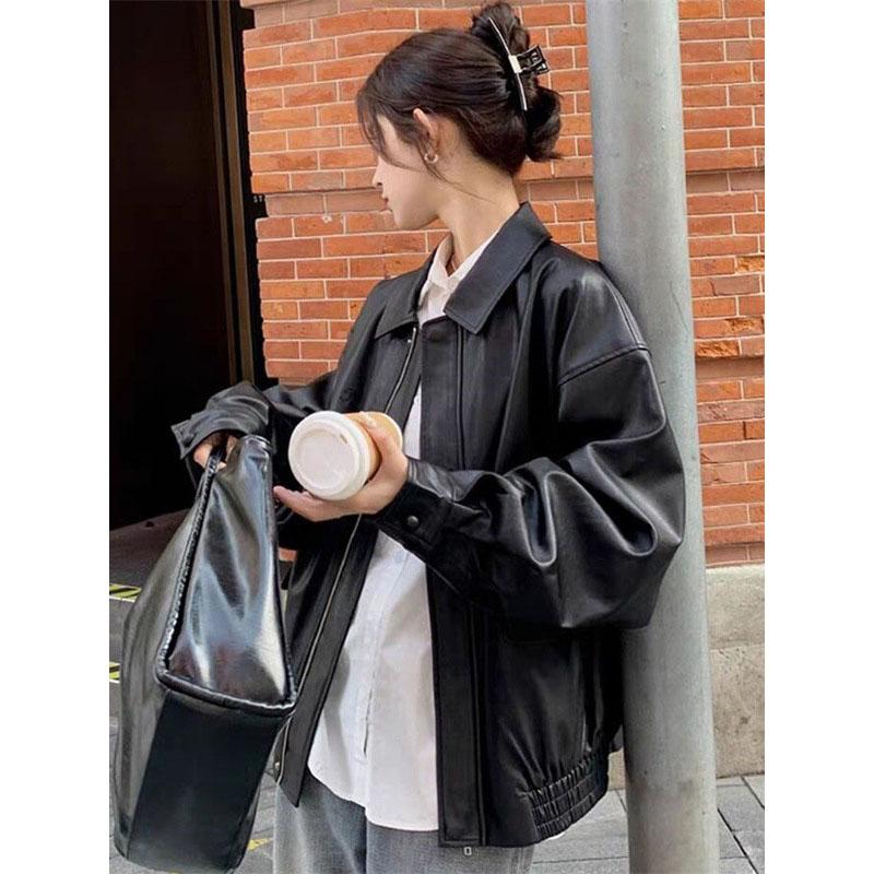 American Retro PU Leather Coat Women Spring Autumn High Fashion Lapel Motorcycle Women Tops Jacket Coat Plus Size