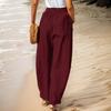 Women Autumn Winter Versatile Linen Blend Solid Color High-Waisted Pants with Pocket