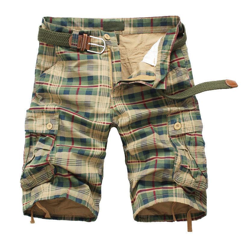Summer Men's Loose Fit Sports Shorts Casual Thin Plaid Cargo Pants Pocketed Baggy Outdoor No Belt