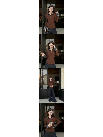 2025 Women's Autumn Two-Piece Plaid Polo Collar Long Sleeve T-Shirt