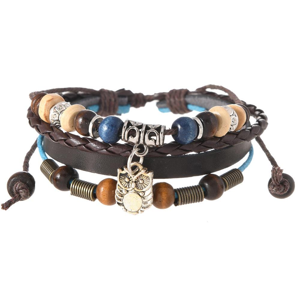 Factory Outlet Vintage Handmade Beaded Stainless Steel Charm Bracelet with Adjustable Personalized Owl Pendant 21.5cm чёрный