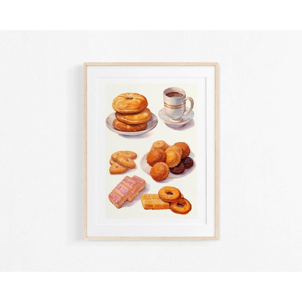 Kekse Aquarell Kekse Kaffee Müsli Brot Französisches Gebäck Poster Druck Wandkunst Bilder Leinwandmalerei Zimmer Heimdekor