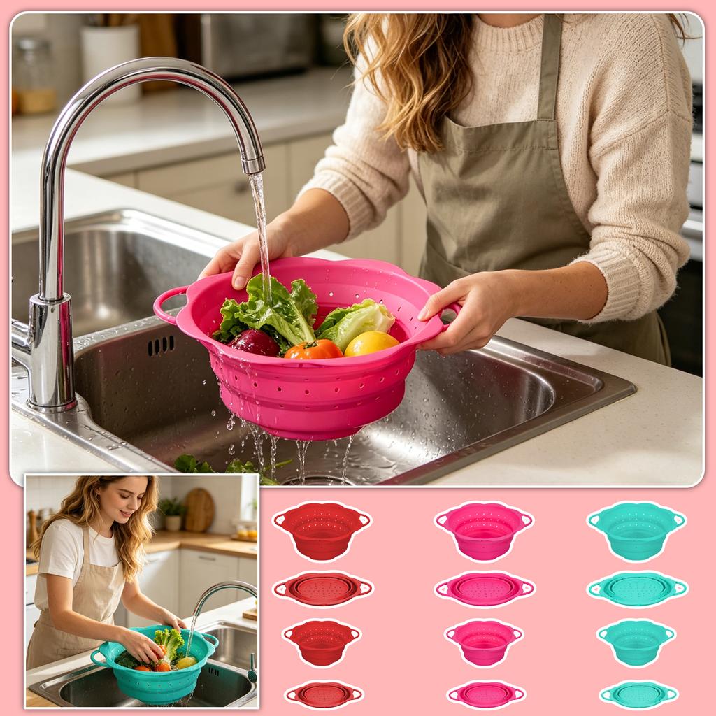 Collapsible Round Silicone Colander Large and Small Sizes for Kitchen Use High Temperature Resistant Strainer Basket with Handles