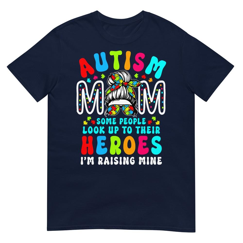 Autism Mom Raising Hero Groovy Messy Bun Autism Awareness Tshirt S