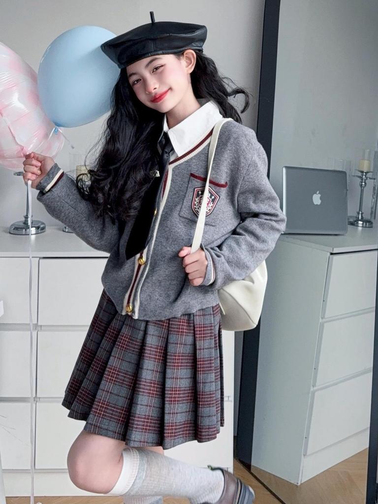 Girls' 2025 Preppy-Style Knitted Cardigan, Shirt & Pleated Skirt Set for Spring/Autumn