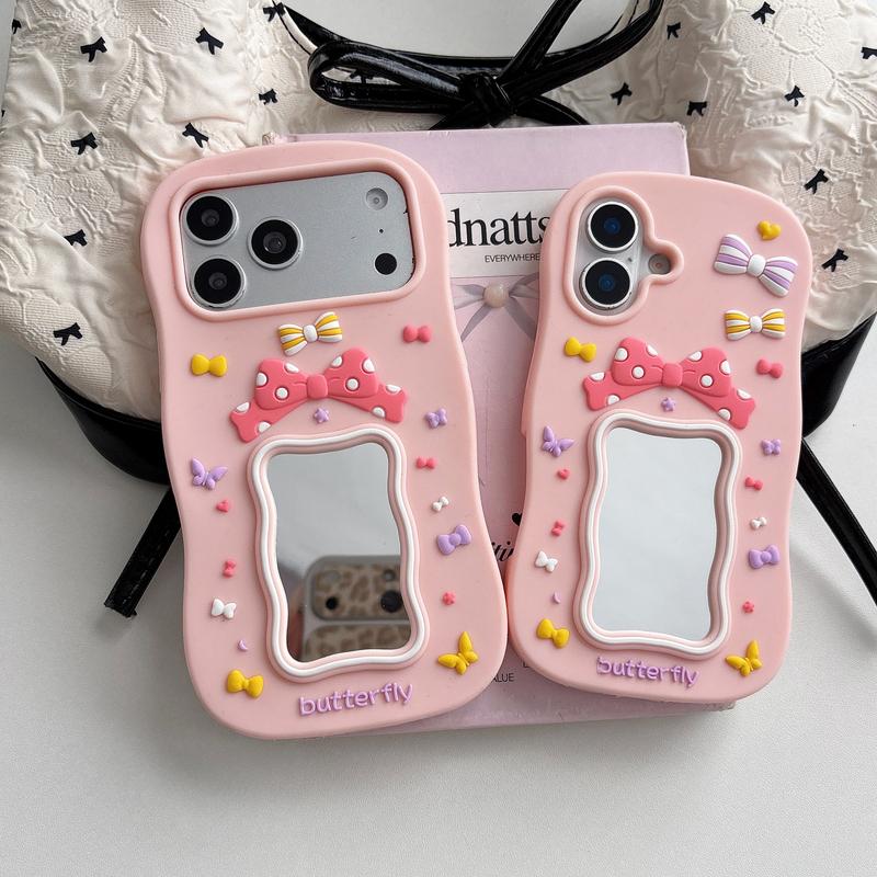Cute 3D Butterfly Bow Case for iPhone 17 Pro Max 12 13 14 15 16 Plus 16E Soft Silicone Makeup Mirror Cover