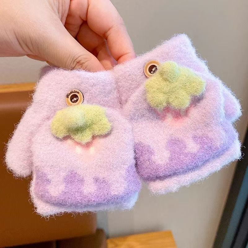 Autumn and winter cartoon fruit children's flip gloves open fingers outdoor cold-proof boys and girls baby children half-finger warm gloves