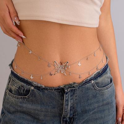 Fancy Butterfly Pendant Waist Chain with Tassels Hot Fashion Trend Double Layered Body Jewelry for Women