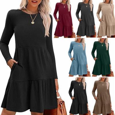 Women's Knee Length Sweater Dress Long Sleeve Round Neck with Pockets Casual Winter
