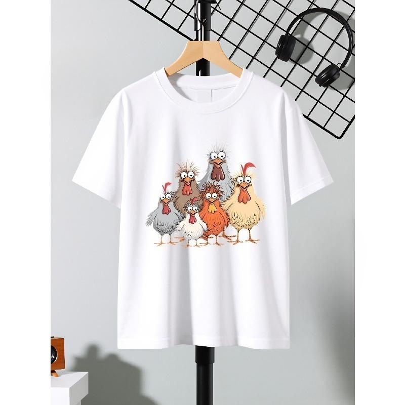 European sizes Boys' T-Shirt Colorful Cartoon Chickens Group Pattern, Ideal for Outdoor Activities, Soft Knitted Top, Comfortable And Breathable