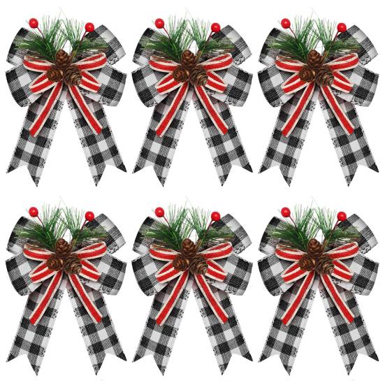 Christmas Burlap Plaid Bow with Pine Cones Pine Needles Large Buffalo Plaid Bow Xmas Wreath Checkered Bow for Holiday Crafts Home Party Tree Decor