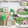 St. Patrick's Day Tiered Tray Decor, Pink Green Farmhouse Tray Decorations, Lucky Polka Dot Shamrock Clover Top Hat Wooden Signs, Rustic Spring