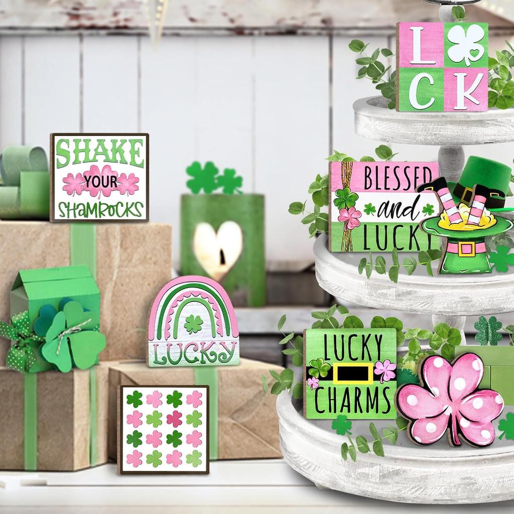 St. Patrick's Day Tiered Tray Decor, Pink Green Farmhouse Tray Decorations, Lucky Polka Dot Shamrock Clover Top Hat Wooden Signs, Rustic Spring