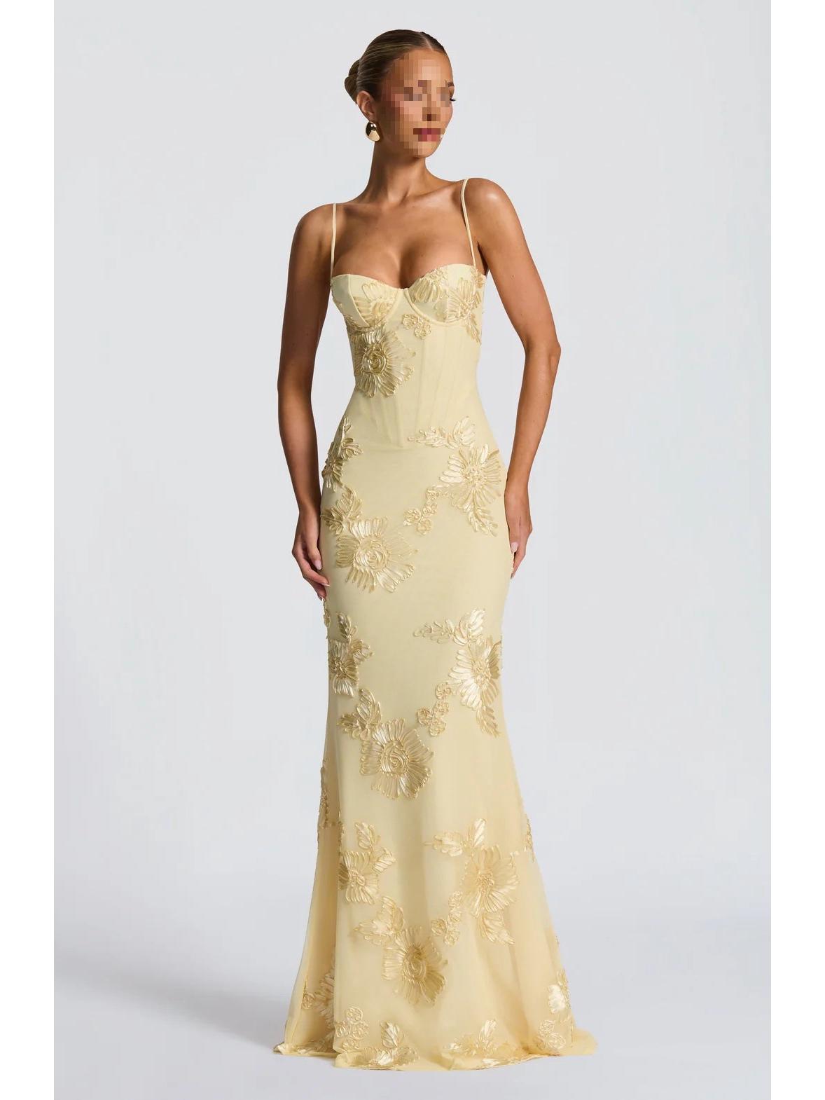 

Вечернее платье без спинки с цветочными украшениями и тонкими бретелями Large лимонно-желтый