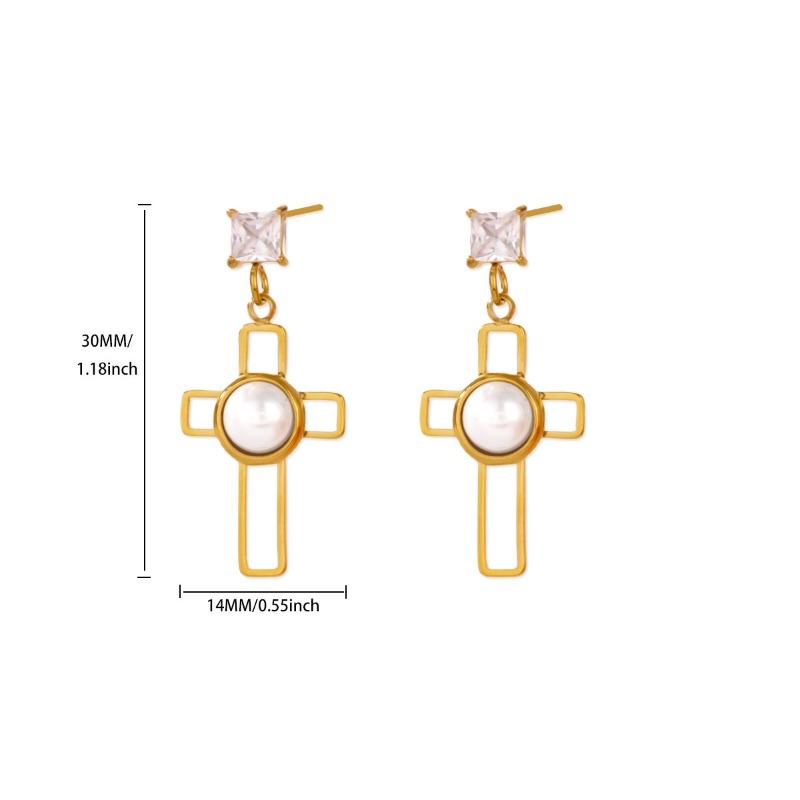 New cross shell hollow pearl earrings niche open stud earrings stainless steel k gold plated