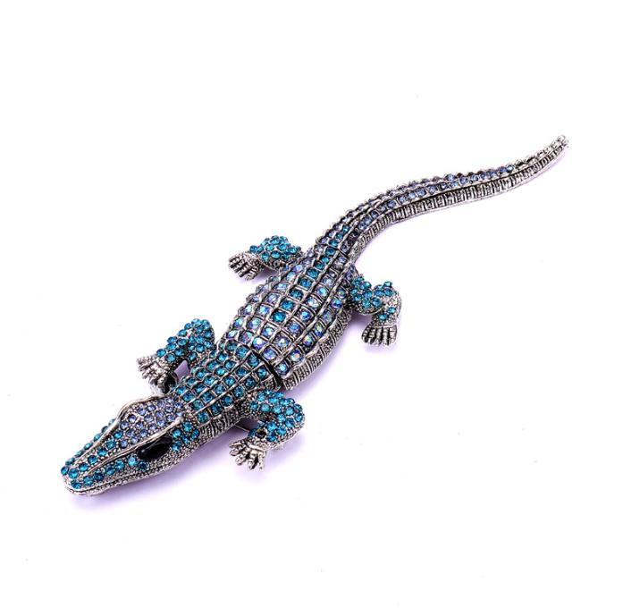 Silver Tone Vintage Crocodile Animal Woman Pendant Brooch Pin Green Rhinestone Gift Women Crystal Alligator Metal Broach Jewelry