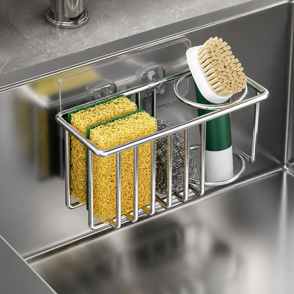 Wall-Mounted Stainless Steel Sponge Rack Multi-Functional Draining Storage Shelf Kitchen Organizer No-Installation Required