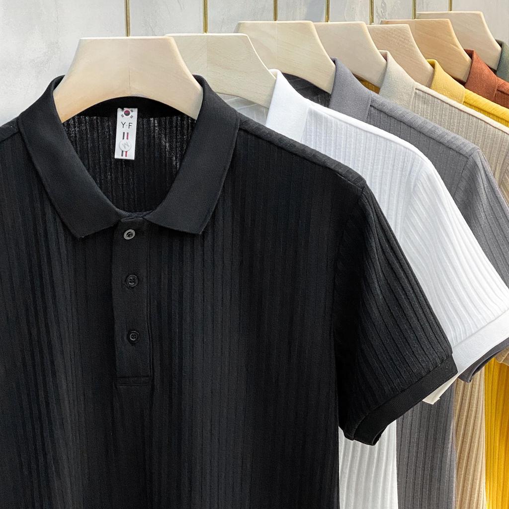 2023 Trendy Mercerized Knitted Polo Shirt – Striped, Short-Sleeved, Lapel Men's Summer Top
