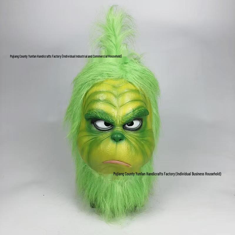 Christmas Grinch Latex Cosplay Mask - Green Furry Monster Headgear