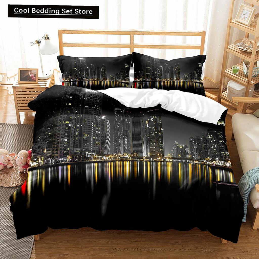 Comforter Cityscapes King Queen Tall Buildings Landscape Bedding Set Busy Traffic View Polyester Comforter