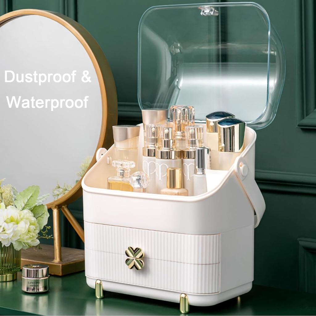 3 Tiers Makeup Organizer Holder Cosmetic Storage Box with Dust Free Cover Portable Handle 2 Rroomy Drawers