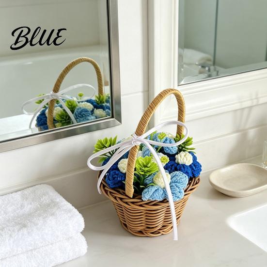 Souvenir for Teacher's Day Hand Knitted Wool Flower Basket, Decorative Mini Crocheted Floral with Home Accents Counter Ribbon, Plant Ornament