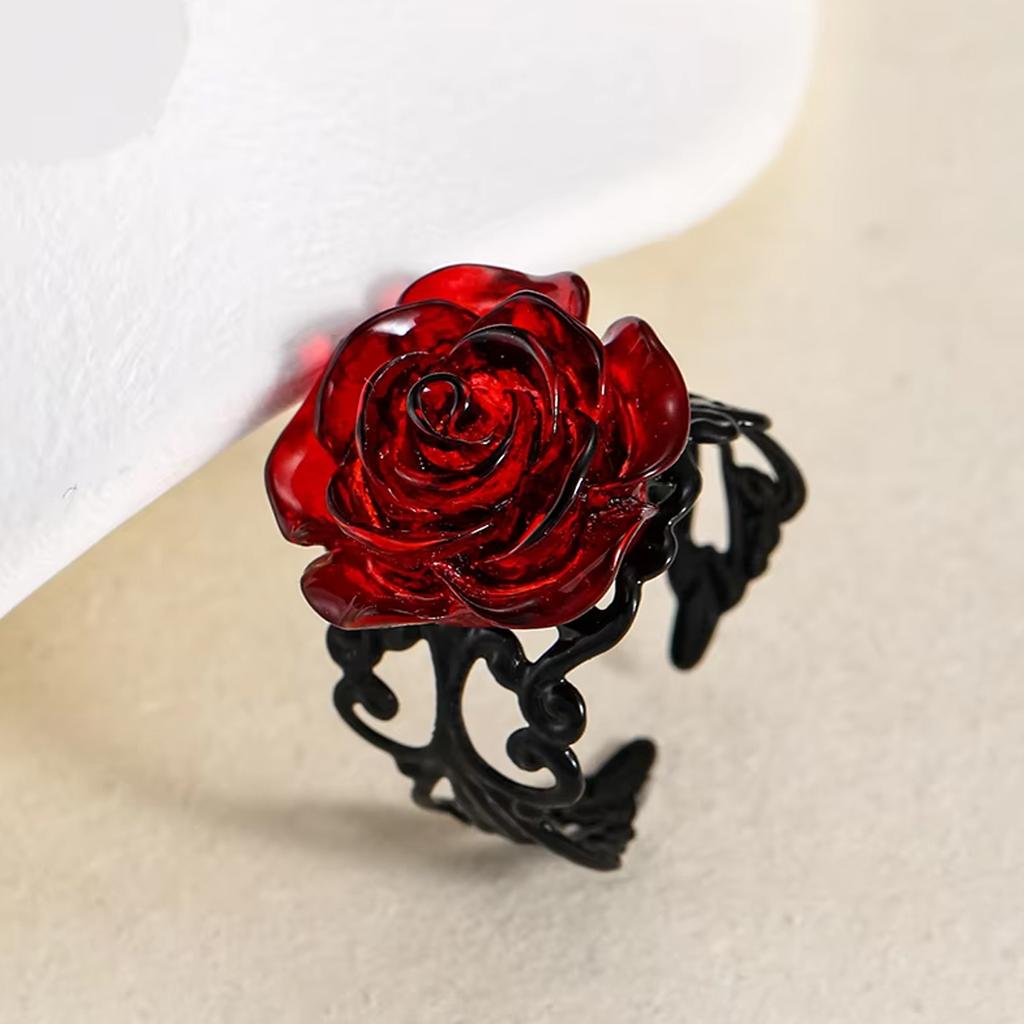 Punk Gothic Red Rose Ring Ornate Black Vine Witch Pagan Vintage Creative Halloween Cool Girl Gift Party Jewelry
