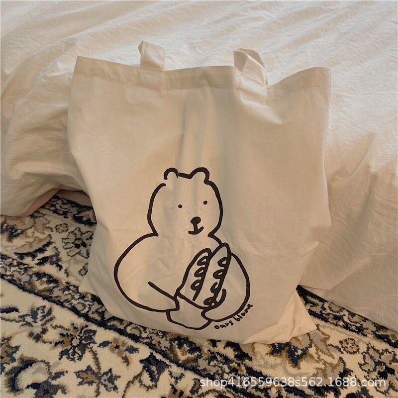 Korean Ins Niche Design Cute Cartoon Fun Pattern Thin Cotton Grey Cloth Bag Canvas Single Shoulder