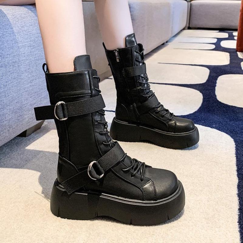 Fashion Round Toe Platform Women's Half High Boots on Promotion Trend 2025 Demi-season New Rock Goth Waterproof in Ladies Mid Calf Shoes