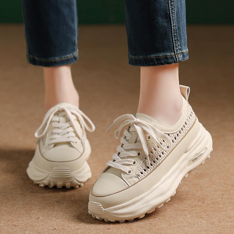 Leather Thick-soled Forrest Gump Shoes Women's Spring and Autumn New Versatile Leisure Sports Heightening Lightweight Dissolving Non-slip Small