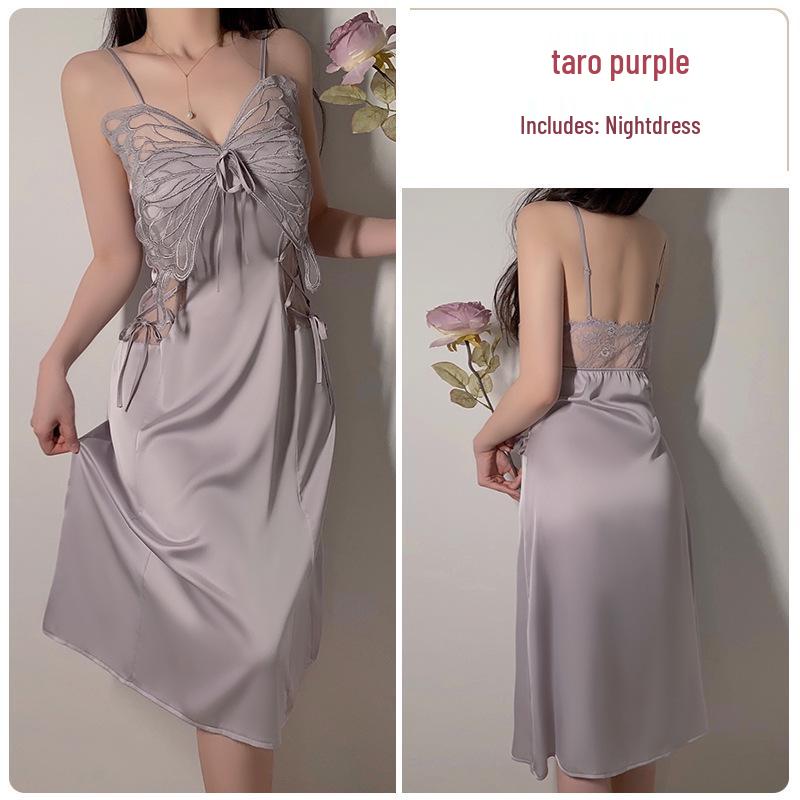 Silky Satin Lace Pajama Set with Chest Pad and Outer Robe - P4105