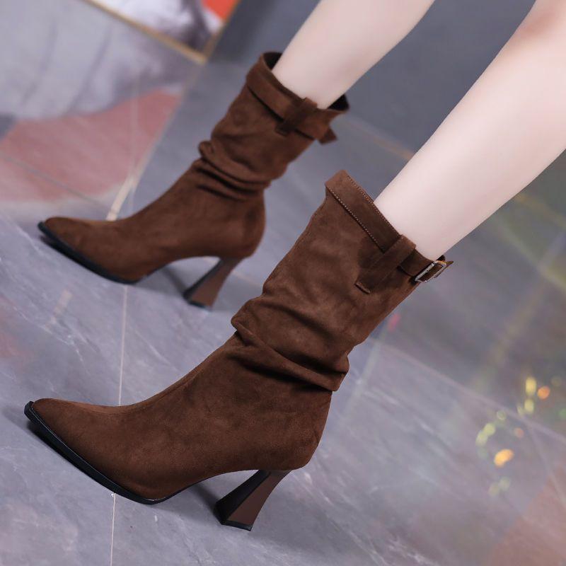 Temperament pointed belt buckle high heel medium boots women's 2025 winter new khaki pleated sleeve fine heel stacking boots