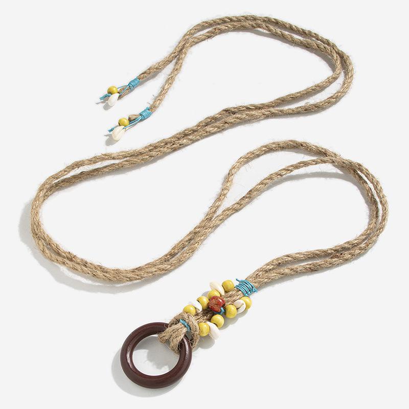 Bohemian Round Wood Waxed Rope Woven and Knotted, Ethnic Style Handcrafted Turquoise Women's Hemp Rope, Leisure and Vacation Style Waist Rope