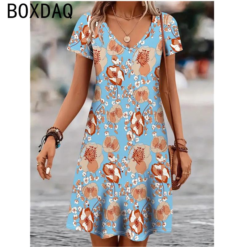 Women V-Neck Short Sleeve Pritned Dress Fashion Lady Street Personalized Dress 3D Vintage Floral Casual Loose A-Line Dress