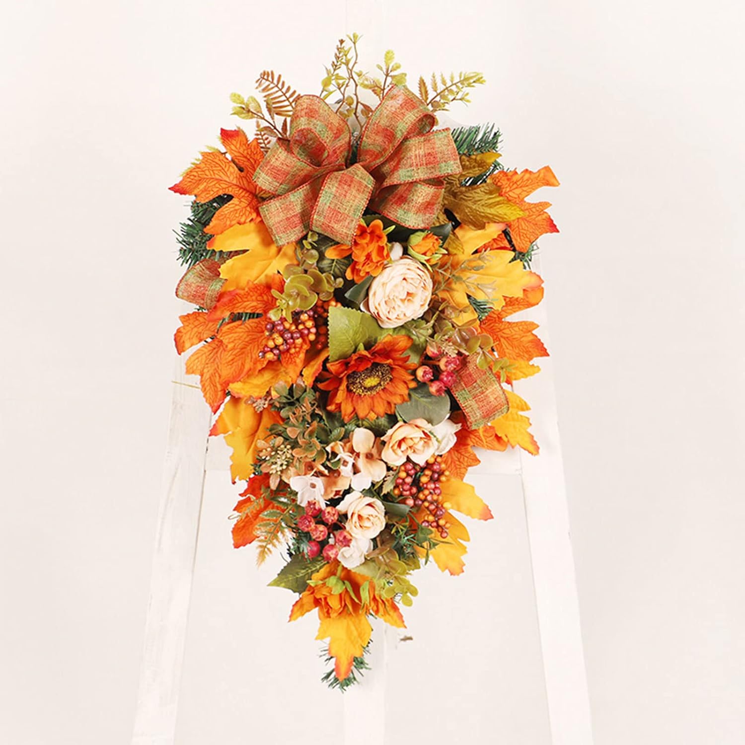 Fall Harvest Teardrop Swag Thanksgiving Teardrop Wreath with Maple Leaves & Berry Artificial Floral Swag for Home Wall Door Indoor Outdoor Wedding