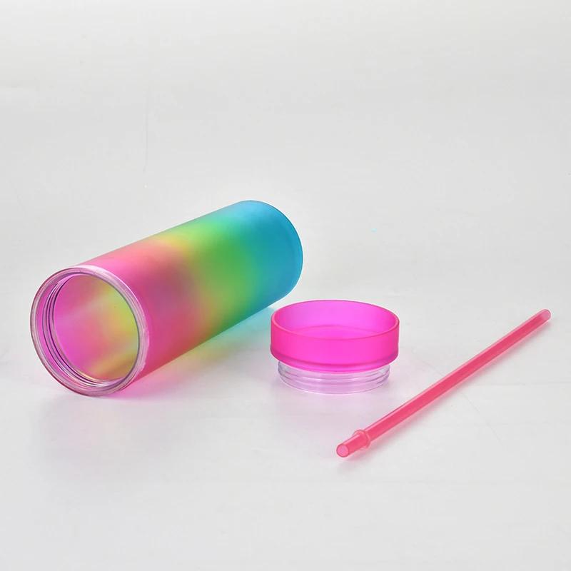 16oz Gradient Rainbow Skinny Tumbler din plastic Sticle de apă Cupă dreaptă, cu două straturi, Curcubeu, cu paie
