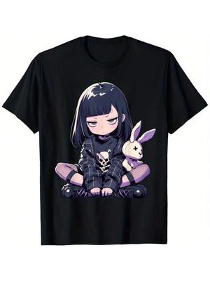 Playful Women's Grunge Gothic Bunny Anime T-Shirt - Cute E-Girl Style Black Cotton Tee With Purple Accents And Skull Details