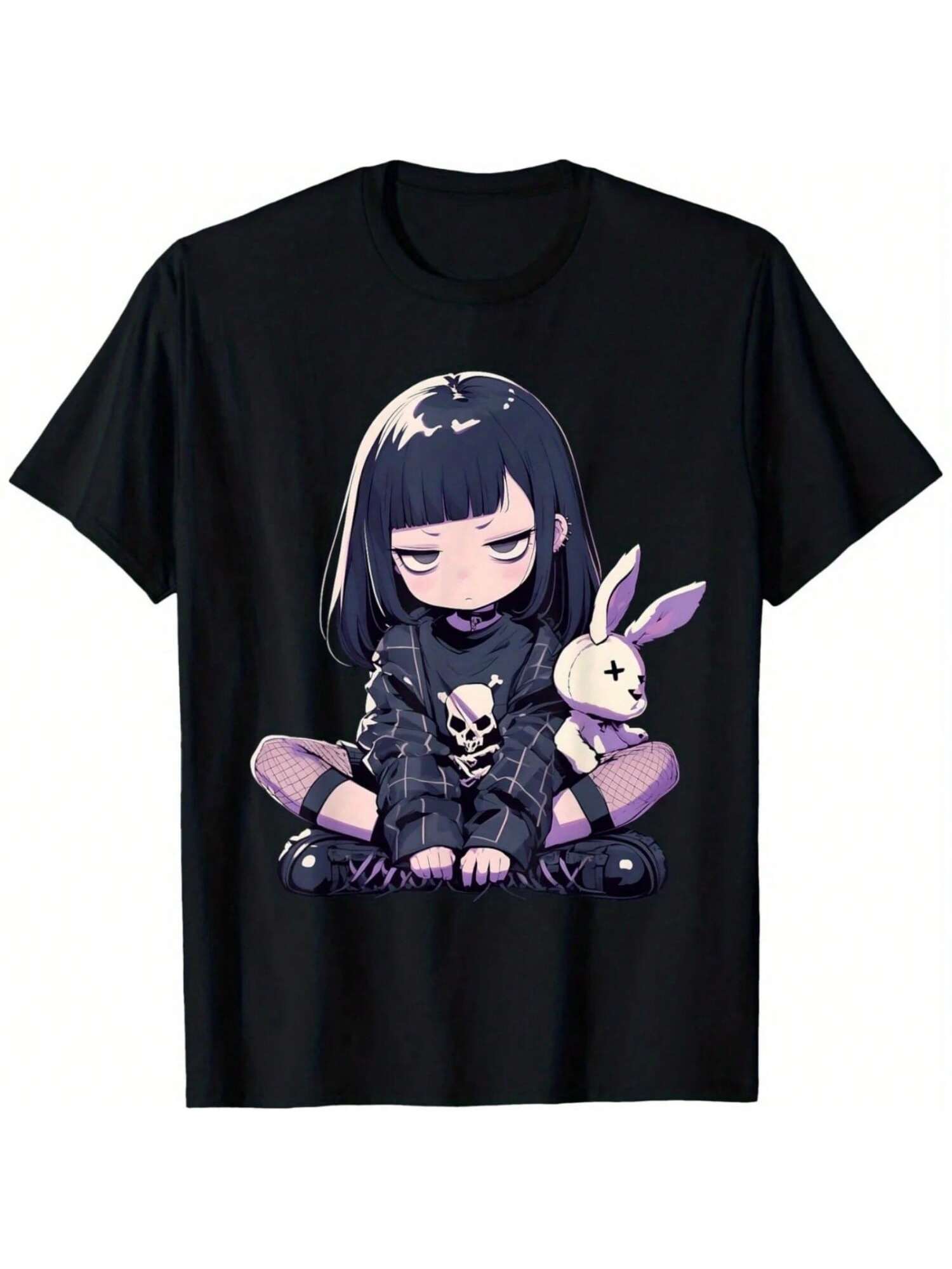 

Playful Women s Grunge Gothic Bunny Anime T-Shirt - Cute E-Girl Style Black Cotton Tee With Purple Accents And Skull Details XXXXXL чорний
