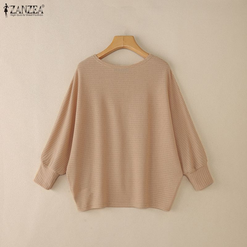 ZANZEA Women Casual O-neck Solid Color Bat Sleeve Rib Thin Blouse Tops