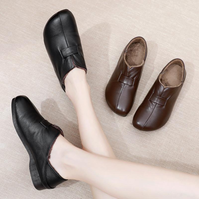 Genuine Leather Women Shoes Low Heel Warm Fur Mom's Shoes Soft Bottom Loafers Comfy Flats Ladies Casual Shoes