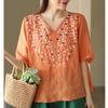 Yellow V Neck Half Sleeve Polka Dot Embroidered Linen Blouse for Women