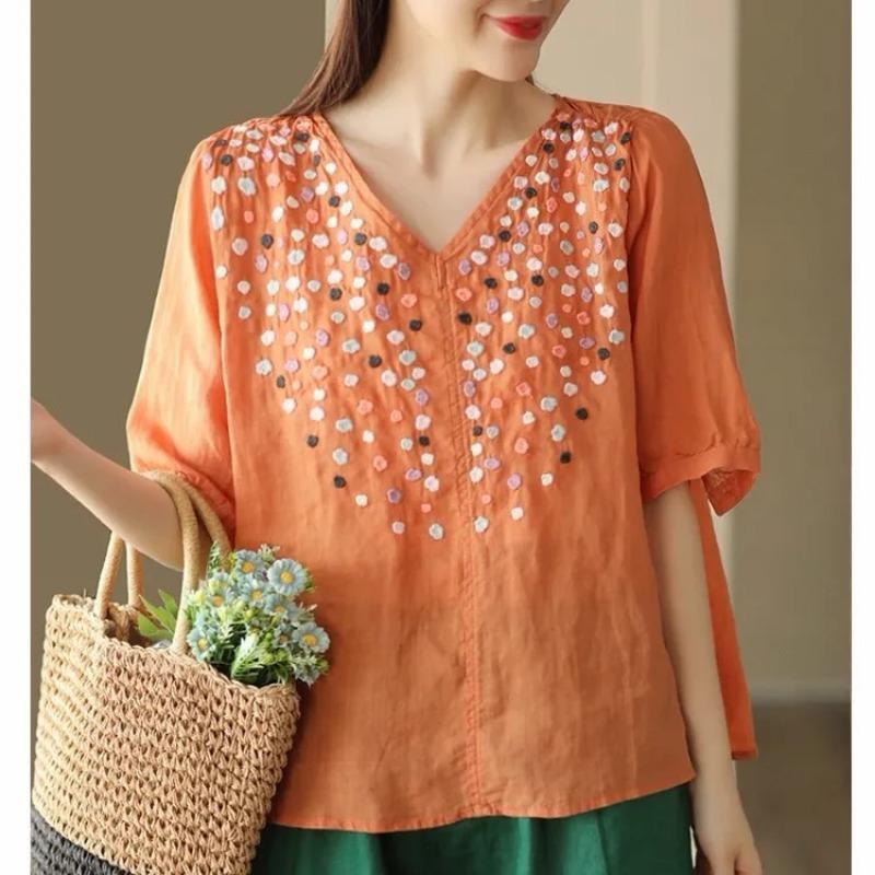 Yellow V Neck Half Sleeve Polka Dot Embroidered Linen Blouse for Women